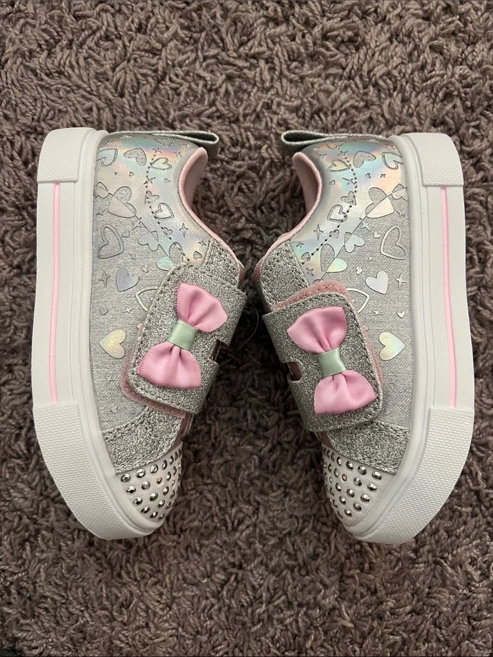 Skechers Girls Silver Glitter Sneakers with Pink Bow